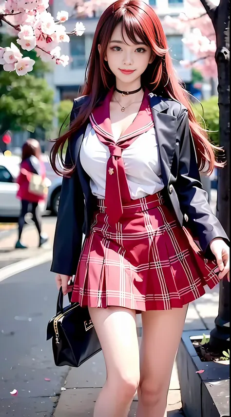 masterpiece, superb piece, full body, 1girl, bangs, red choker, red tie, blue hair, orange skirt, blush, bracelet, beautiful bre...