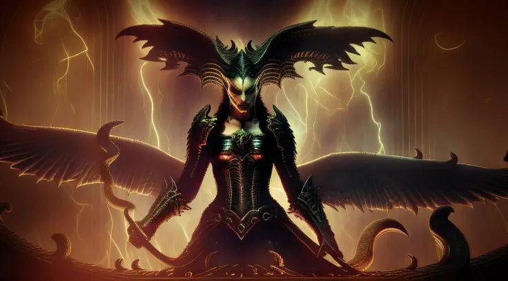 Lilith FLYING ALONE, INSIDE THE GARDENS OF EDEN, fire, lightning, blood, whole body, in the style of Diablo 4,