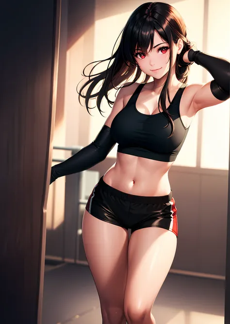 (photorealistic: 1.4), best quality, an extremely delicate and beautiful, highres, 1girl, tifa_lockhart, smile, full body, gymshorts, tank top, tense shirt, black hair, long hair, elbow gloves, beautiful detailed red eyes, light on face, cinematic lighting...