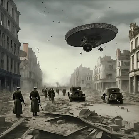 ww2, city destroyed, flying saucer flying over city, soldiers shooting.