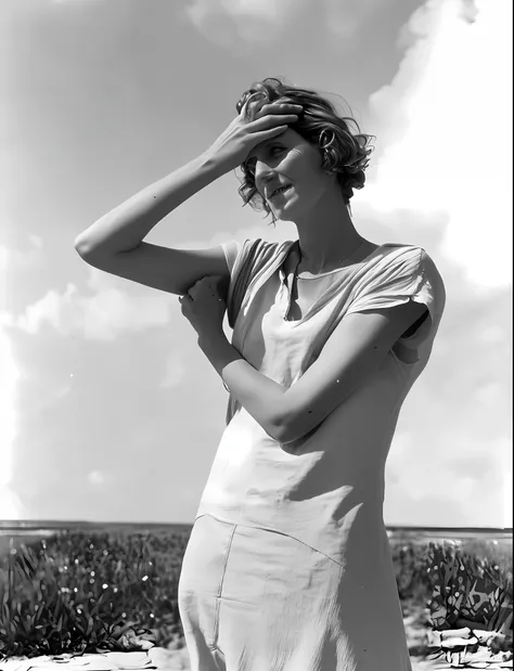 arafed woman in a dress standing on a beach with her hands on her head, by dorothea lange, lee miller, inspired by dorothea lang...