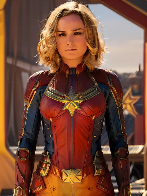 (realism) photo of (brie larson), captain marvel cosplay, small smile, hands on hips