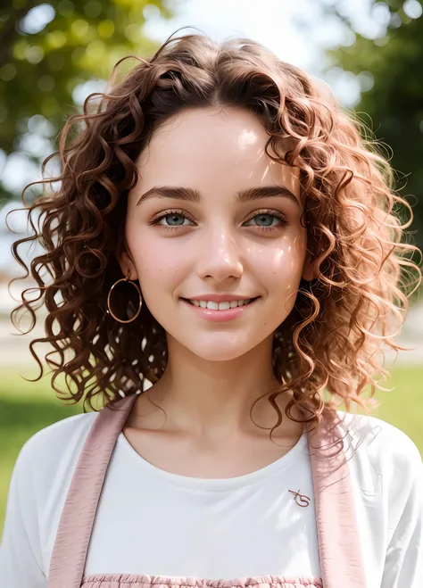 face photo, white and detailed skin girl, side smile, slightly pink buxexa, long and slightly dark brown and curly hair, casual ...