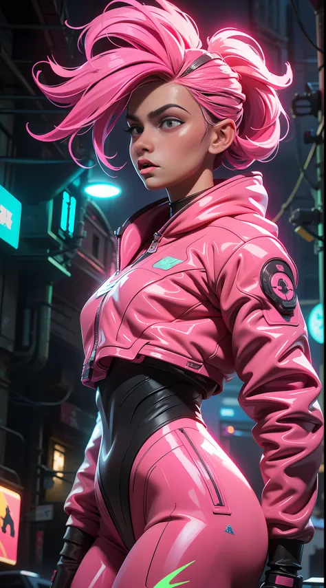 (best quality, masterpiece) scifi, futuristic, raw photo, 1girl with sexy laces clothes, (pink glossy hair) angry look, ultrasharp, (outline contourn) luminous paint, ultrasharp, particles, flares, neon Tokyo street background, many details in an amazing c...