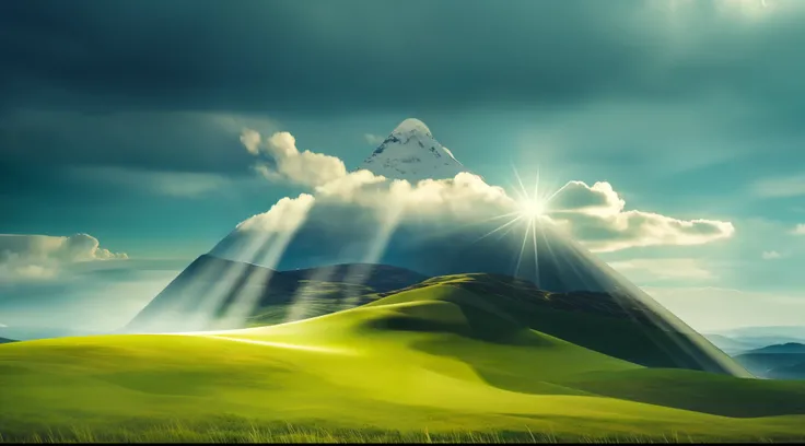 mountain with grass in low part, on top on mountain have cloud, Surrealism, modern, Realism, Verism, ray tracing, reflection light, cinematic lighting, god rays, backlighting, panorama, from outside, retina, high details, best quality, highres, award winni...