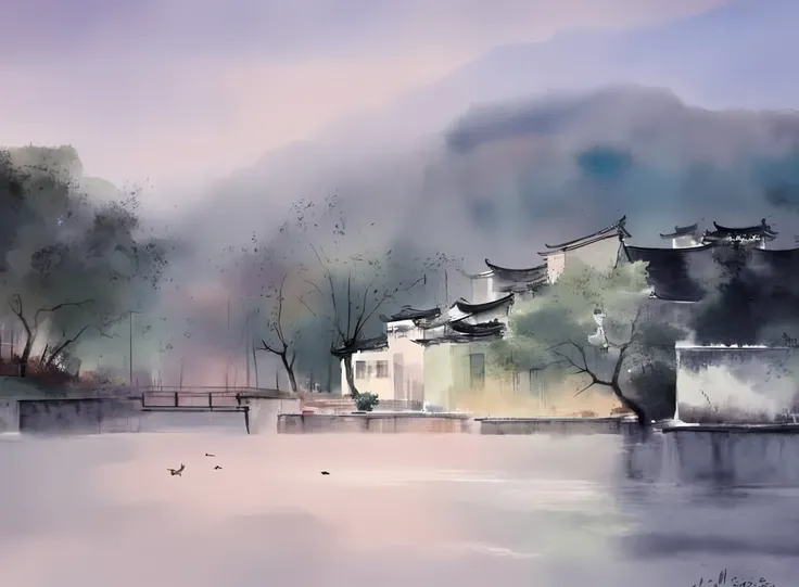 Watercolor painting, Jiangnan architecture, countryside, lake water, ducks, hazy fog, dreamy colors,