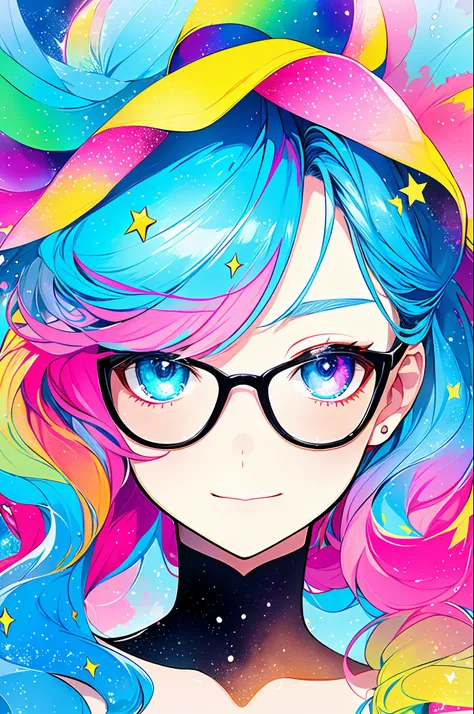 (Masterpiece, Top Quality, Best Quality, Watercolor (Medium), Official Art, Beautiful and Aesthetic: 1.2), (1 Girl: 1.3), (Fractal Art: 1.3), Upper Body, Sideways, Watching the Viewer, Pattern, (Iridescent Hair, Colorful Hair, Half Blue and Half Pink Hair:...