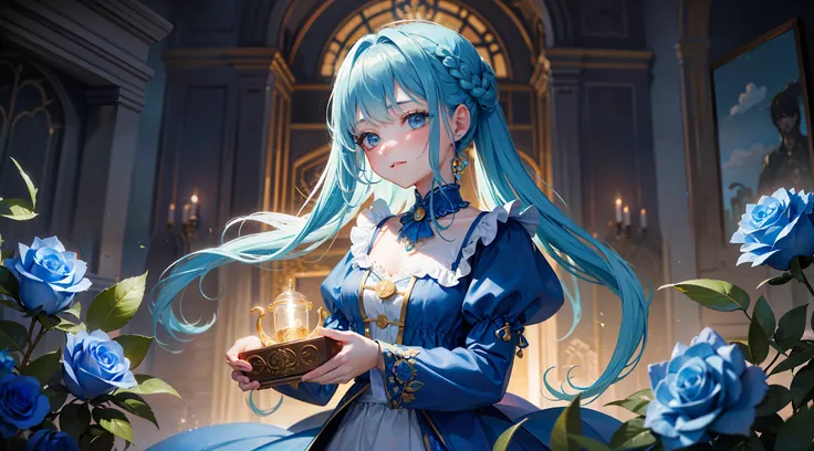 The artwork features a young girl opening a (giant treasure box) filled with (blue roses). She has a look of wonder on her face, as if she has just discovered something magical. The lighting is warm and soft, with a hint of sunlight or candlelight. She wea...