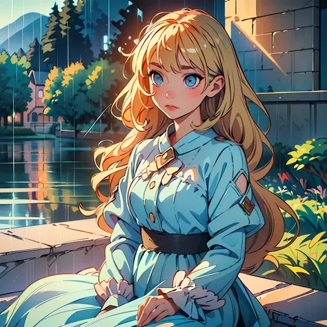 (artwork+masterpiece+artwork:1.5)0.7], (best quality, performance, illustration, lighting)0.7], (studio lighting, from romantic film), (1girl) long blonde hair with bangs, eyes pearly blues shimmering bright with emotion, fair skin, wearing a pretty baby b...