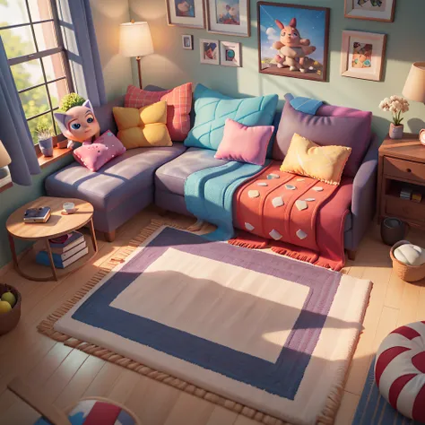 (pixar style: 1.2), cute, 3d artwork, throw pillows, backrests, pillows, video games, light, blender, oc renderer, dribbling hig...