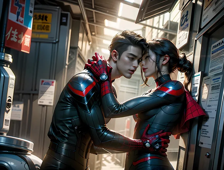 raw，2people，1girl and 1boy， (a charming 18 year old chinese girl and boy: 1.5), (no mask, face: 2), handsome, spider-man classic...