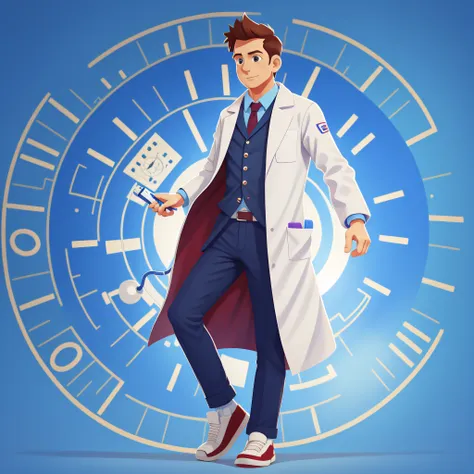 male doctor, cartoon doctor, q version doctor, white coat, 3d rendering, blue background, solid color background, full body phot...