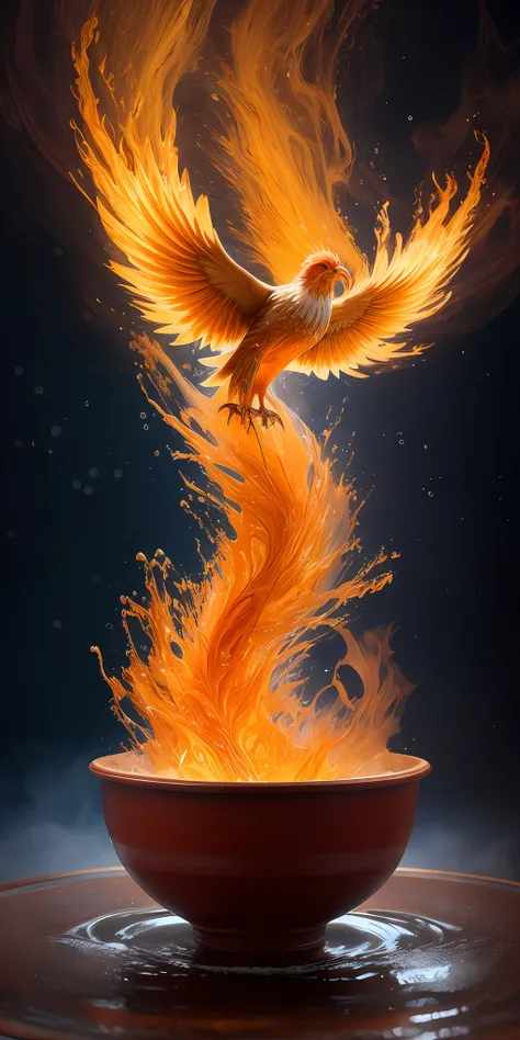 (Liquid Splash Fluid Art:1.2) Gravity-Defying fire phoenix : , A picture of a fire phoenix coming out of a Lava cup, A phoenix is not an animal form, The phoenix is in the form of Lava, It must not look like a phoenix, The phoenix must be in the form of La...