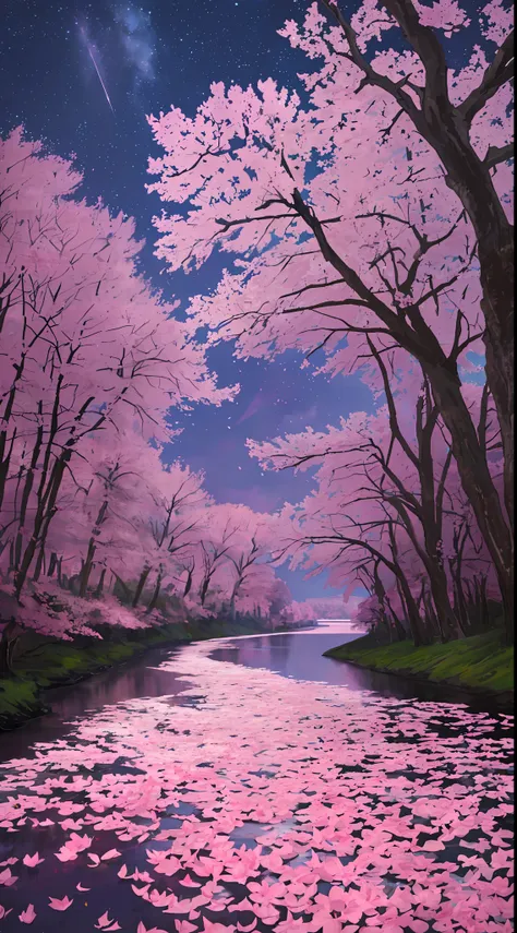 (best quality, masterpiece), (night sky, river behind, huge old trees behind, pink petals falling behind,)