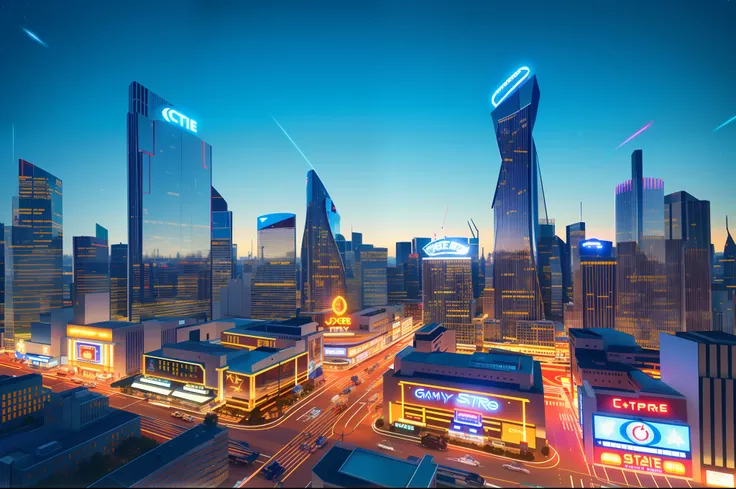Game scene, Bustling city night view, tall buildings, slot, casino, Outdoor scene, Starry sky, Pixar, modern, Conceptual art, Surrealism, cinematic lighting, letterboxed, wide shot, atmospheric perspective, UHD, high quality, highres, masterpiece, ccurate