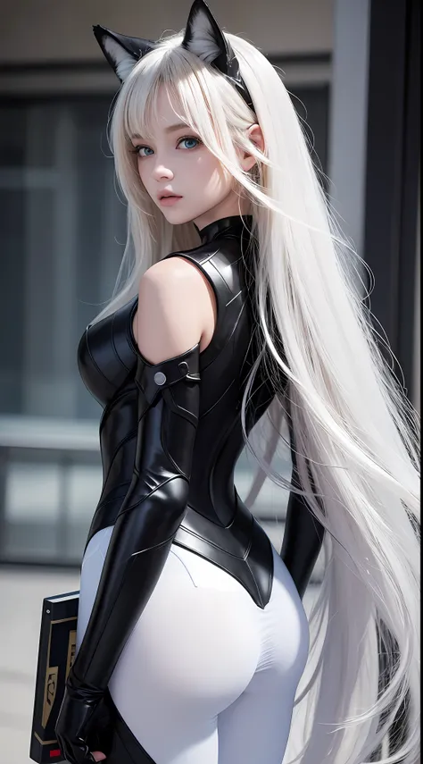 masterpiece, best quality, beautiful young woman,golden curly hair,blue eyes,white fox ears, black cybersuit,stands with her bac...