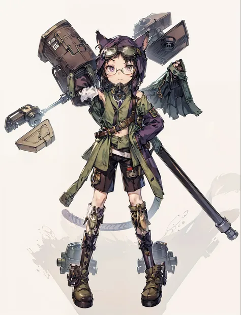 (((Nothing background)), standing alone, cute boy with glasses, five-headed, ((khaki clothes)), hood with cat ears, glasses, long sleeves that cover hands, shorts, boots, shoulders, belly button, kneeling, cat tail, long hair tied, pocket watch under arms,...