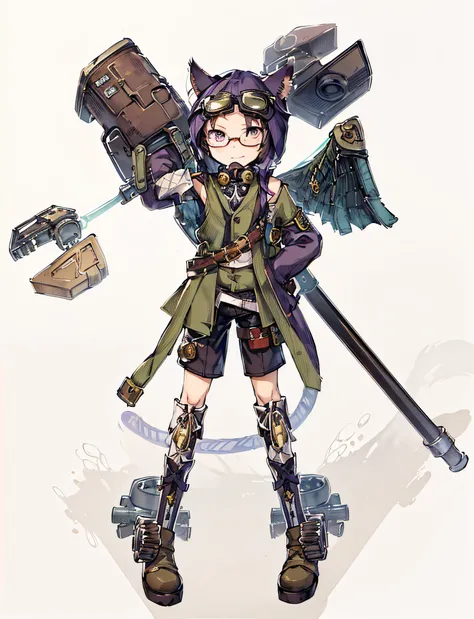 (((Nothing background)), standing alone, cute boy with glasses, five-headed, ((khaki clothes)), hood with cat ears, glasses, long sleeves that cover hands, shorts, boots, shoulders, belly button, kneeling, cat tail, long hair tied, pocket watch under arms,...