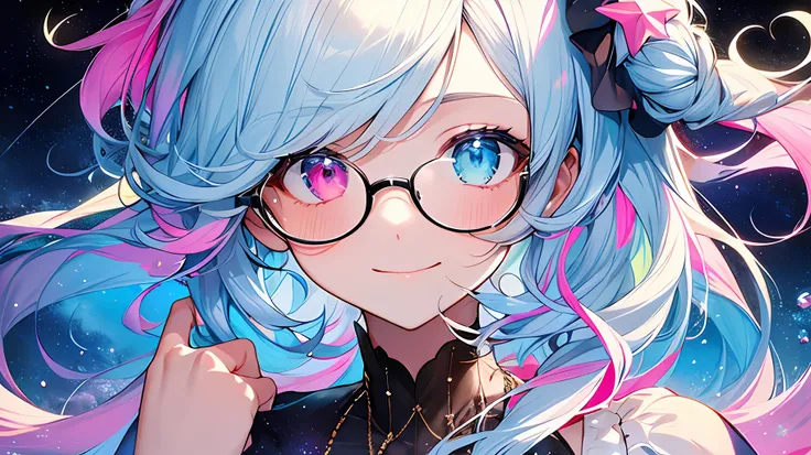 (Masterpiece, Top Quality, Best Quality, Watercolor (Medium), Official Art, Beautiful and Aesthetic: 1.2), (1 Girl: 1.3), (Fractal Art: 1.3), Upper Body, Sideways, Watching the Viewer, Pattern, (Iridescent Hair, Colorful Hair, Half Blue and Half Pink Hair:...