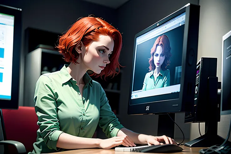 Woman with red hair, in a green blouse, sitting at a computer desk, looking at the monitor and typing on the keyboard, hyperrealism, complex details, bright lighting