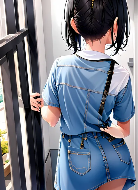 one girl, black hair, from behind