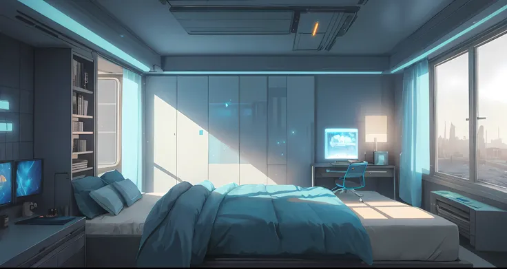 Gorgeous sci-fi matte painting for the bedroom of John Harris, Sparta and Greg Rutkowski. Sharp edges, Tiffany blue, poor design, teenage room, dark gray, gray-blue, white.. A sci-fi bedroom on a space base, outside the windows of the future Cyberpunk city...