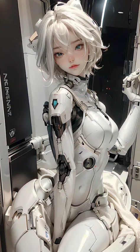 Extremely cute human eighteen year old girl face, human torso, human huge boobs, human abdomen, human hips, robotic arms, mechanical legs, arms and legs with hard white shiny shell and black joints, very beautiful and feminine, short, petite, small, small, busty buttocks, medium bust, cleavage display, flat belly display, partial helmet with antenna on the ear, black robot joints, very stylish, award-winning product design, black rubber tights, The shiny white metal breastplate opens at the cleavage and abdomen, the white metal buttocks are wrinkled, and the armor has stylish, glowing trims