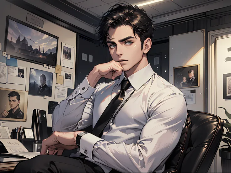 masterpiece, excellent, (office: 1.5), cg drawing with super high detail, handsome, cold face, expressionless,
(a man with short...