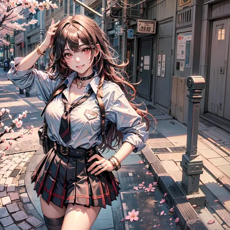 nenenini, full body, masterpiece, best quality, salute, hand on hip, full body, 1girl, bangs, black choker, black necktie, blue skirt, blush, bracelet, breasts, choker, clothes around waist, collarbone, collared shirt, cowboy shot, dress shirt, ear pierci...