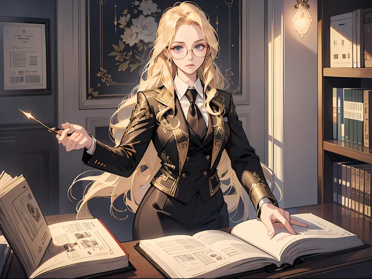 Masterpiece, Excellent, (Office: 1.5), CG drawing with super high detail, standing, royal sister, cold face, expressionless, a woman with long blonde hair, formal black suit, with gold wire glasses, high-end office, luxury, facing the audience, illustratio...
