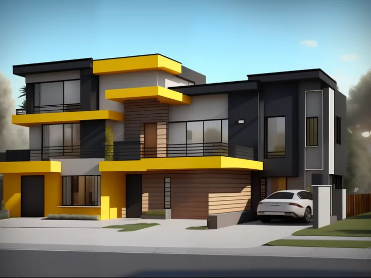 NewArchitecture, commercial building, second floor a modern house with windows to the landscape complete building, mix of wood and concrete and black and yellow colors, parking for 4 cars in front, on the ground floor area make a modern façade for a liquor...