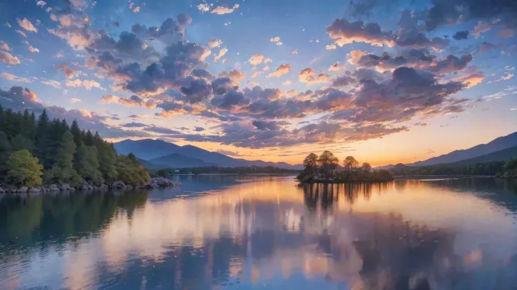 An absolutely enchanting sunset by the lake, with a mix of (orange: 1.2), pink and yellow clouds in the sky, the lake sky is the same, the lake is crystal clear, gently kissing the coast, and the stone mountains in the distance are endless. The scene is vi...