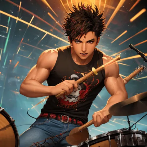 masterpiece, best quality,1male, young, muscular, solo, tanned skin, brown eyes, black spiked hair, playing drums on stage, hold...