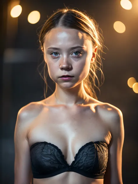 greta thunberg, strapless bra, (modelshoot style), ultra realistic, (high detailed skin:1.2), 8k uhd, dslr, dramatic rim light, ...