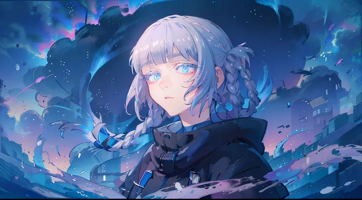 (masterpiece), (best quality), (ultra detailed), nazuna braids in the air, blue eyes, fluid colors, overcast sky, night