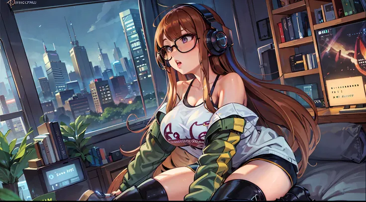 masterpiece, best quality, 1girl, solo, futaba sakura, long hair, brown hair, snoa jacket, top shirt, headphones gamer, blue sho...