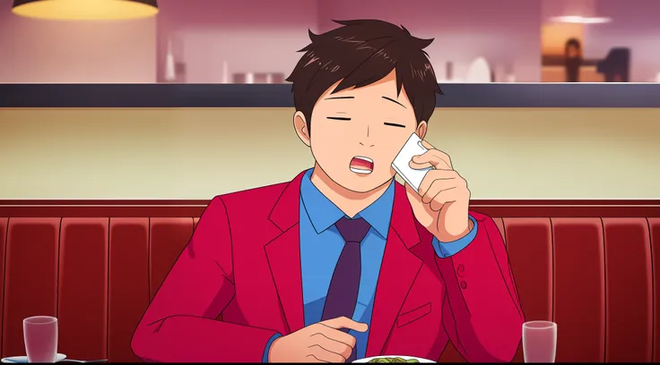 Chinese boy, 35 years old, chubby, wearing a suit, talking on the phone in a restaurant, front in the middle view