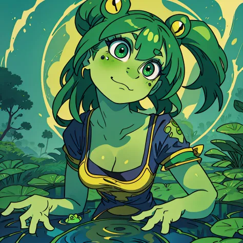 frog woman, green skin, big eyes, a pond