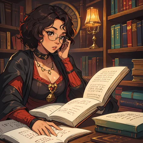 A young teenage girl Beautiful black woman with short curly red hair wearing a pair of glasses in a medieval library for RPG, dark black skin