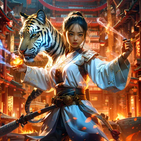 1girle, ancient chinese swordsman, swords, there is a fire effect on the sword, a tiger phantom composed of flames appears behin...