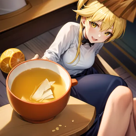 Yellowish chicken broth, woman eating