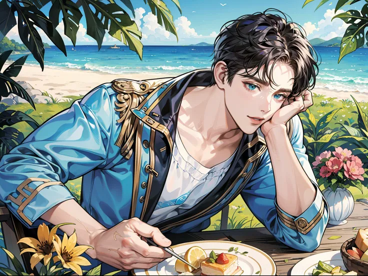 (1man), solo, beautiful detailed eyes, {{{masterpiece}}}, {{{best quality}}}, {{ultra-detailed}}, {illustration}, cinematic angle, {beautiful detailed eyes}, {detailed light},cinematic lighting, handsome man, very short hair, sitting. A carefree man in cas...