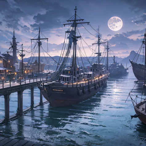 port of a medieval town with caravels, wet stone, dramatic light, discreet, photorealistic, (stone pier) cinematic lighting, vol...