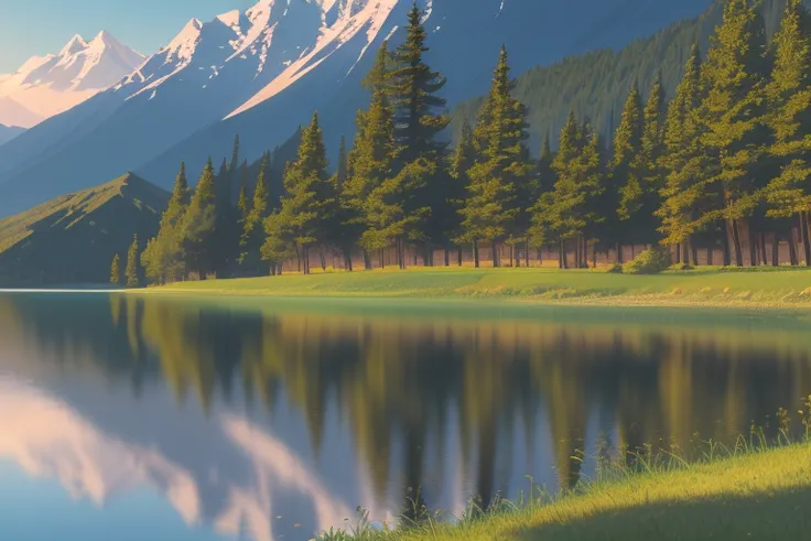 a serene anime scene of a lake surrounded by mountains, makoto shinkai style, no people --auto --s2