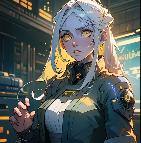 (best quality, masterpiece:1.5), 1girl, long white hair, (yellow eyes), white skin, cyberpunk clothes in (Paramount studio dramatic lighting:1.3).