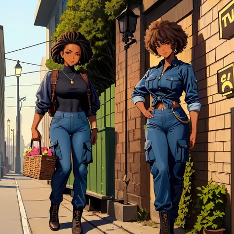an afro hero (masterpiece, best quality), medium curly hair, female character, ((leaving with a proud face, far in the background the bad guys tied to the lamppost)))), (comic style art with perfect anatomy), perfect body, cropped blue, cargo pants, highly...