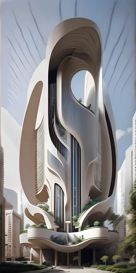 a tall building in a futuristic city designed by zaha hadid, a futuristic building, a modern building, sidewalks around the buil...