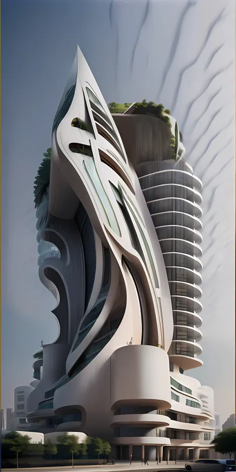 a tall building in a futuristic city designed by zaha hadid, a futuristic building, a modern building, sidewalks around the buil...