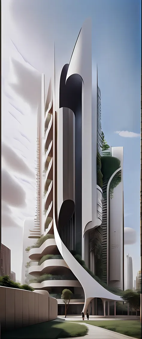 a tall building in a futuristic city designed by zaha hadid, a futuristic building, a modern building, sidewalks around the buil...