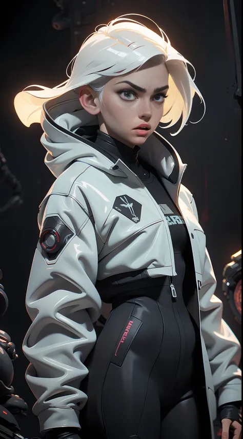 (best quality, masterpiece) scifi, horror, darkart, futuristic, raw photo, 1girl with sexy techwear jacket(glossy white), (white glossy hair) angry look, ultrasharp, (outline contourn) luminous paint, particles, flares, many tentacles background, many deta...